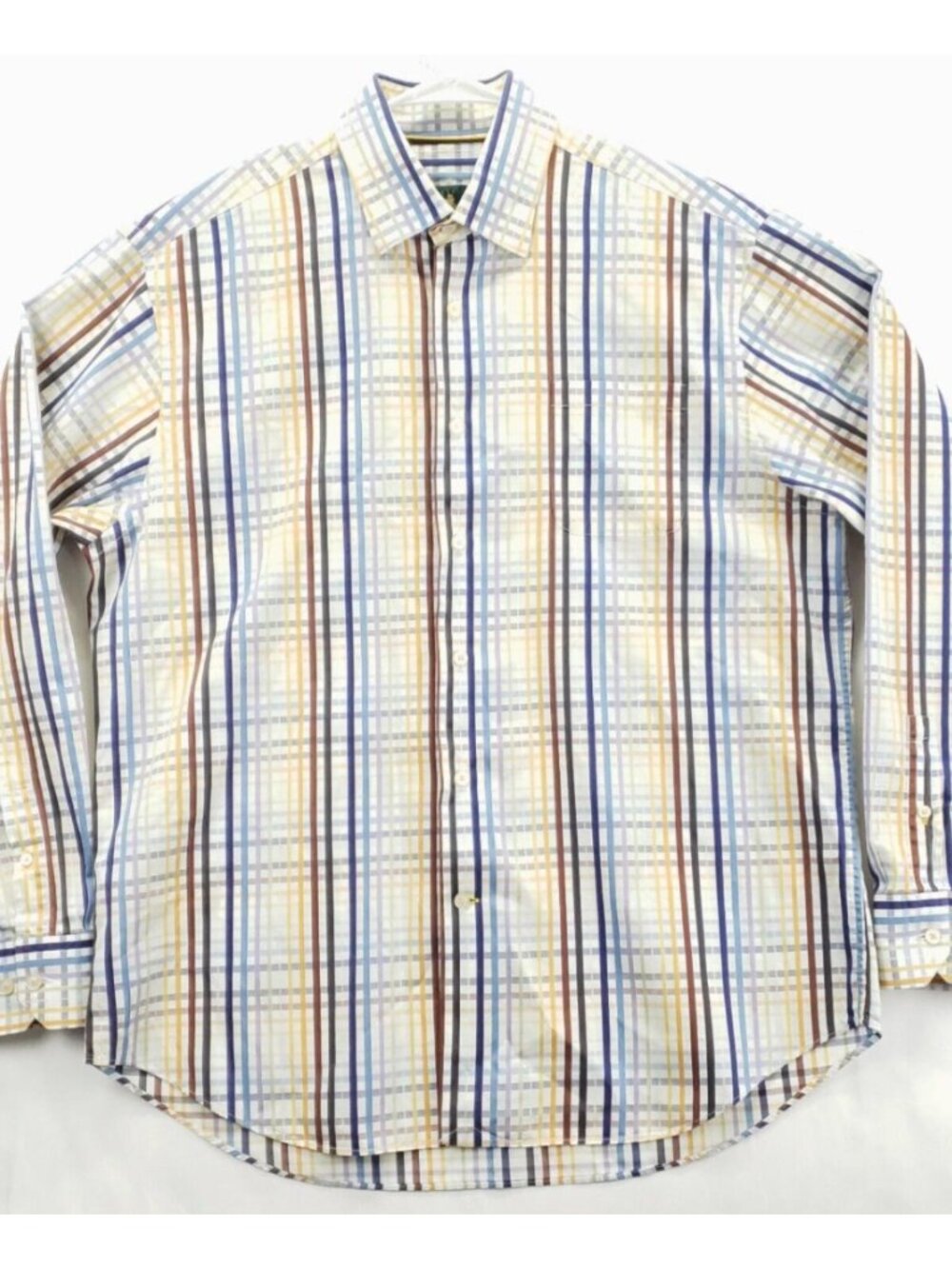 Robert Talbott Shirt Mens Large White Brown Blue Plaid 100% Cotton Button-Up